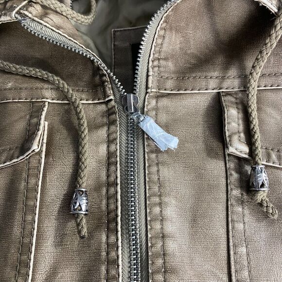 LOCK & LOVE Hooded Aviator Waxed Jacket Women XL Tan Faux Leather Bikercore NEW - Picture 5 of 12